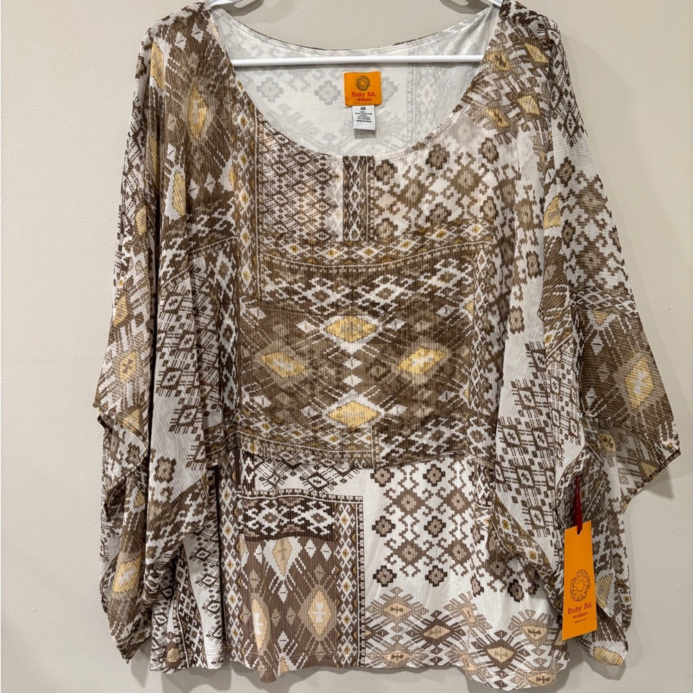 NWT Ruby Rd.‎ Boho Patchwork Tunic in White, Brown & Gold/Yellow Sz 3X
